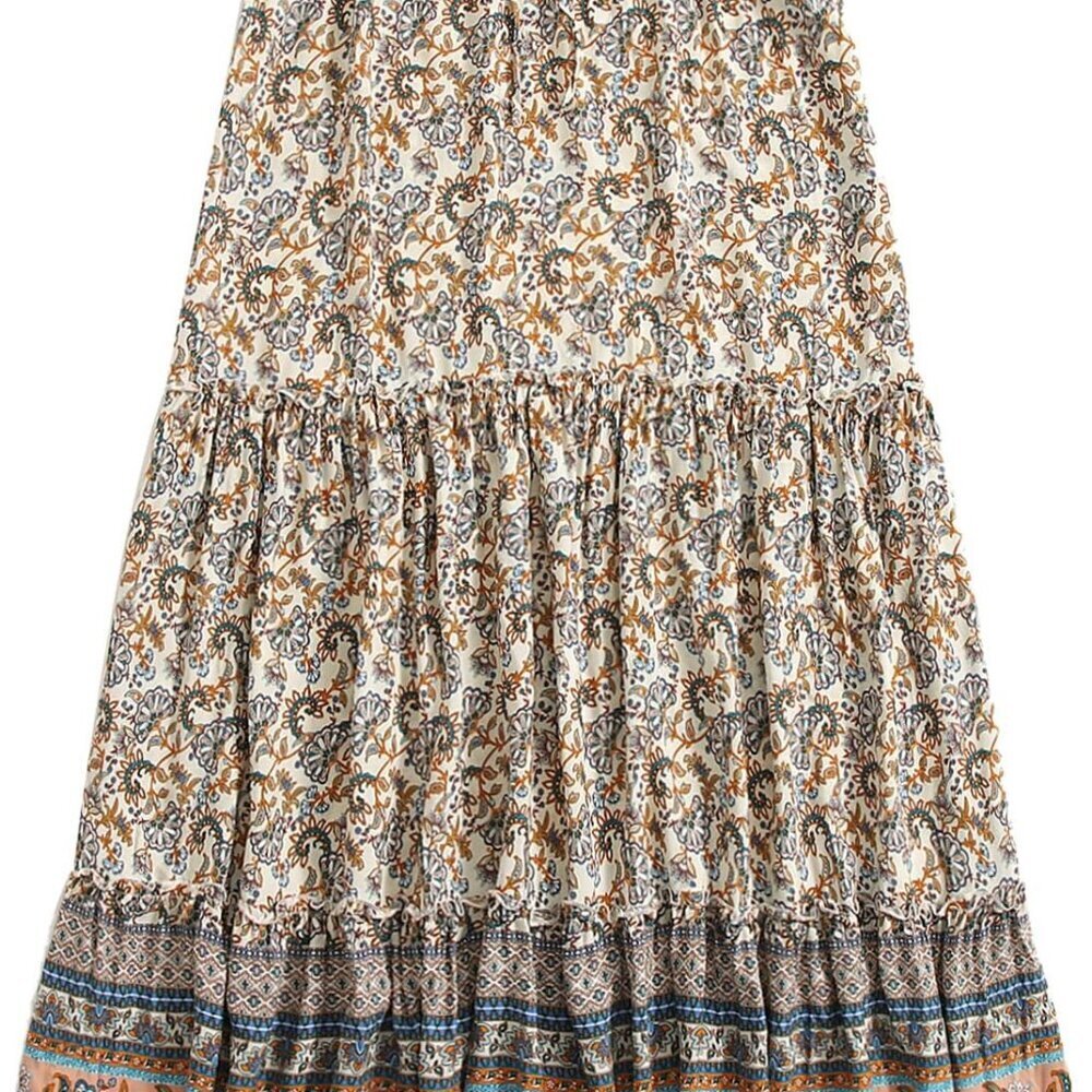 Women Boho Vintage Floral Print Long Skirt Summer Tiered Maxi Skirt